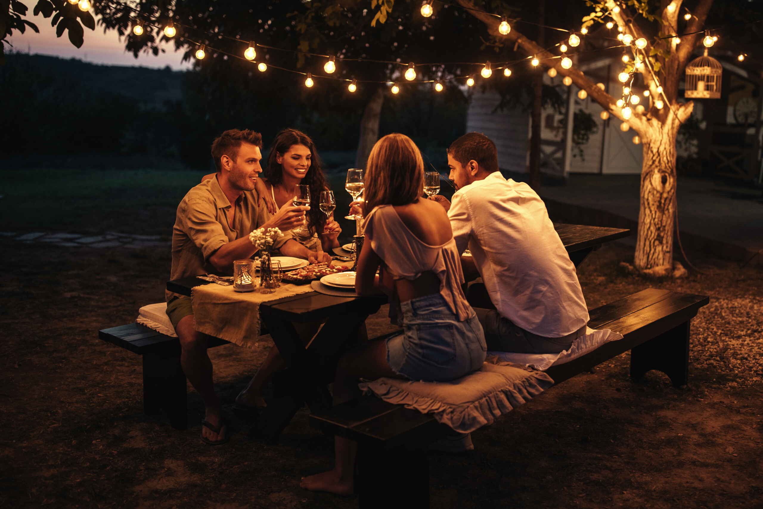 Shot,Of,Couples,Having,An,Outdoor,Dinner,Party.,Warm,Tones.
