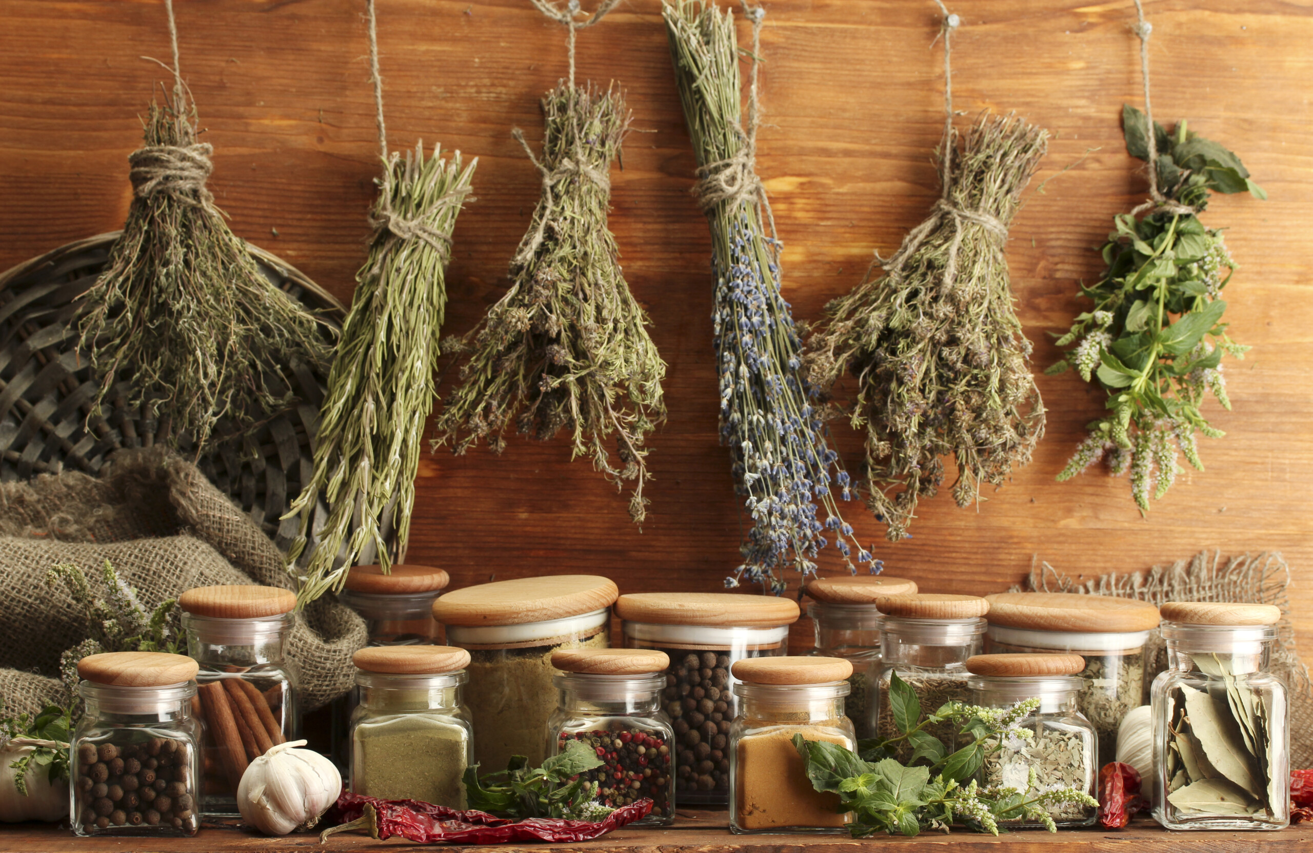 Dried,Herbs,,Spices,And,And,Pepper,,On,Wooden,Background